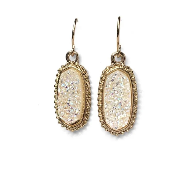 Last TWO! Elegant Sparkly Ivory & Gold Neutral Toned Dangle Fishhook Earrings - Picture 5 of 5